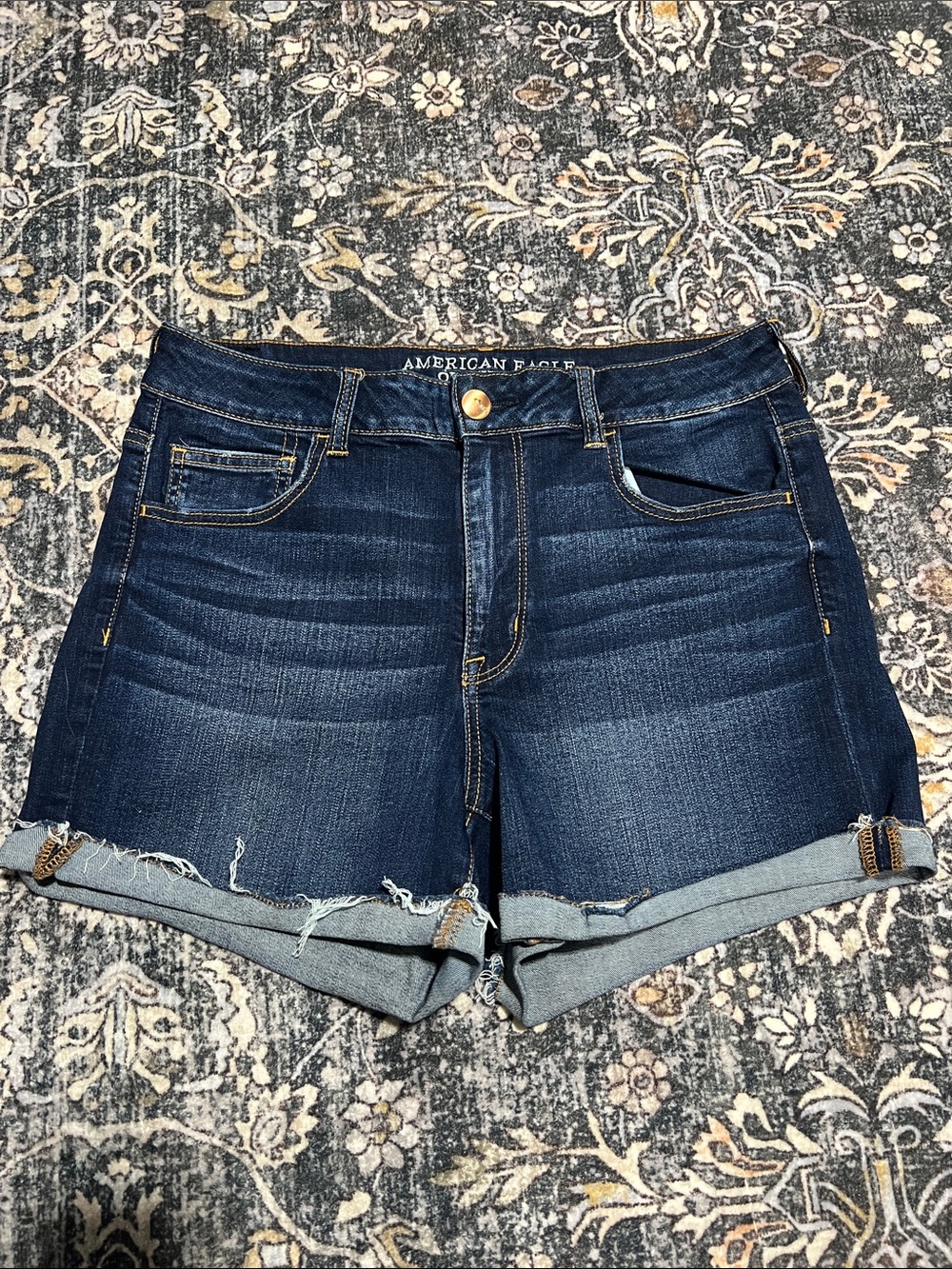 American Eagle Outfitters Hi-Rise Shortie Dark Blue Denim Rolled-Cuff Shorts